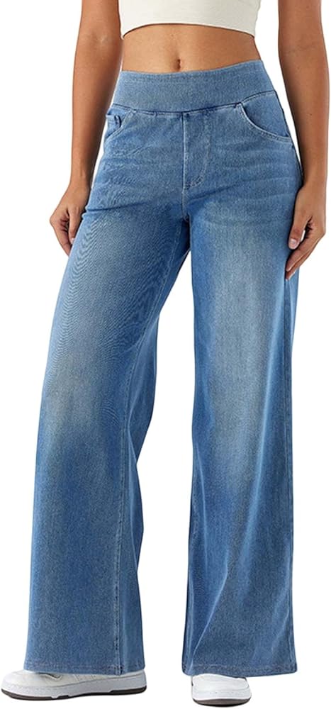 Jean large taille mi-haute, extensible bleu